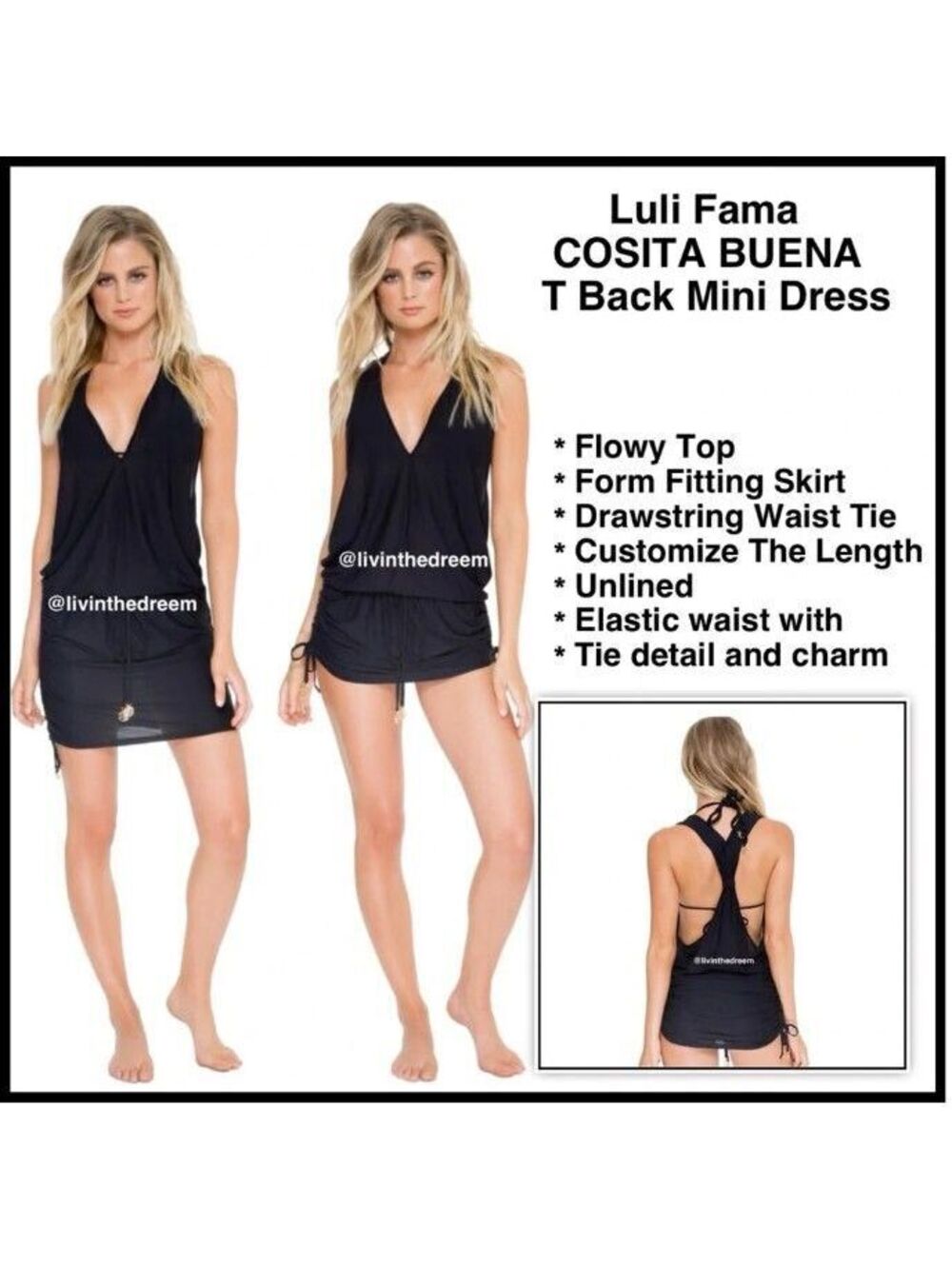 Lili Fama Cosita Buena T-back Mini Dress Black Size M Swim Coverup NWT